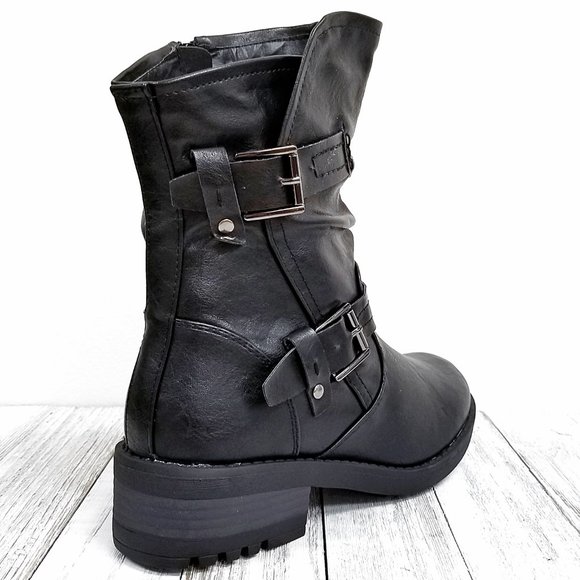 New Black Mid-Calf Biker Short Boots Bootes - Picture 3 of 4